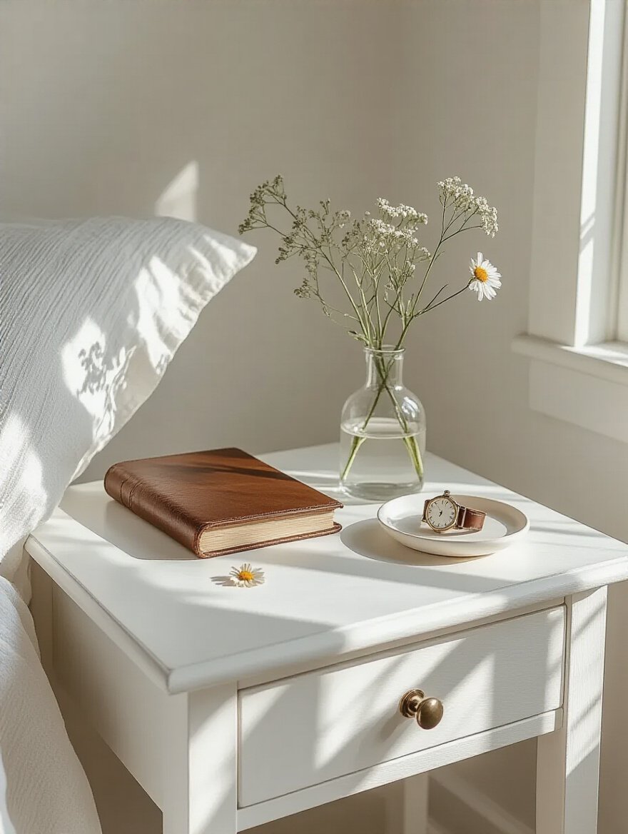 Serene white bedroom bedside table with vintage keepsakes and a pressed flower in natural light