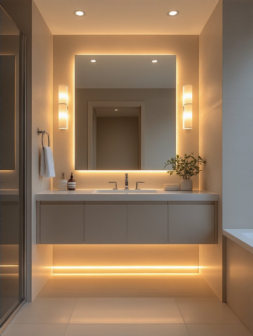 Modern bathroom with layered lighting using dimmers showing ambient, task, and accent lights creating adjustable mood control