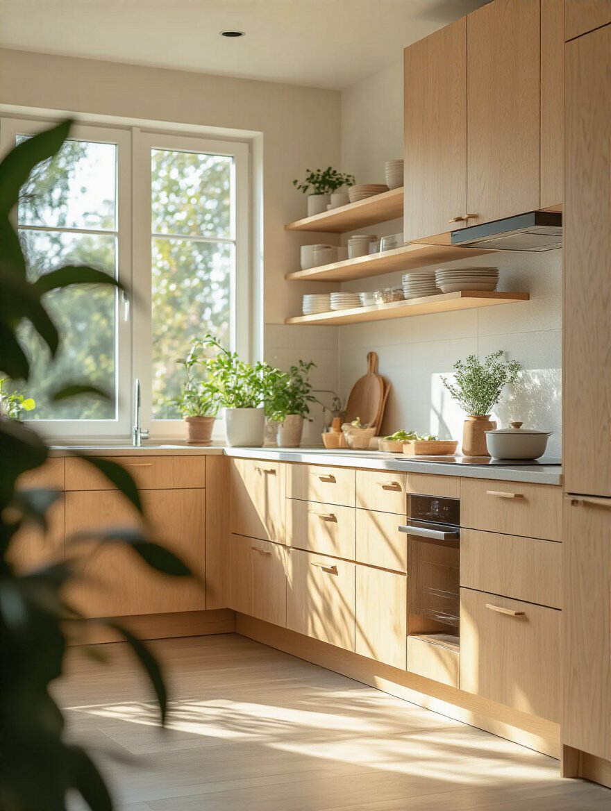Modern organic kitchen cabinets made from non-toxic materials with natural lighting emphasizing health benefits