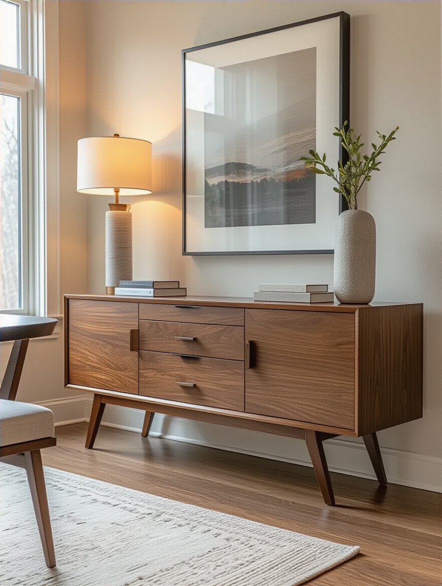 Modern dining room with a stylish statement credenza featuring wood and metal materials, clean lines, and organized storage, highlighted by warm ambient lighting.