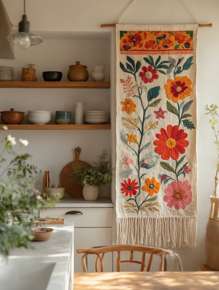 A vibrant textile wall hanging displayed in a cozy kitchen setting, enhancing warmth and softness.