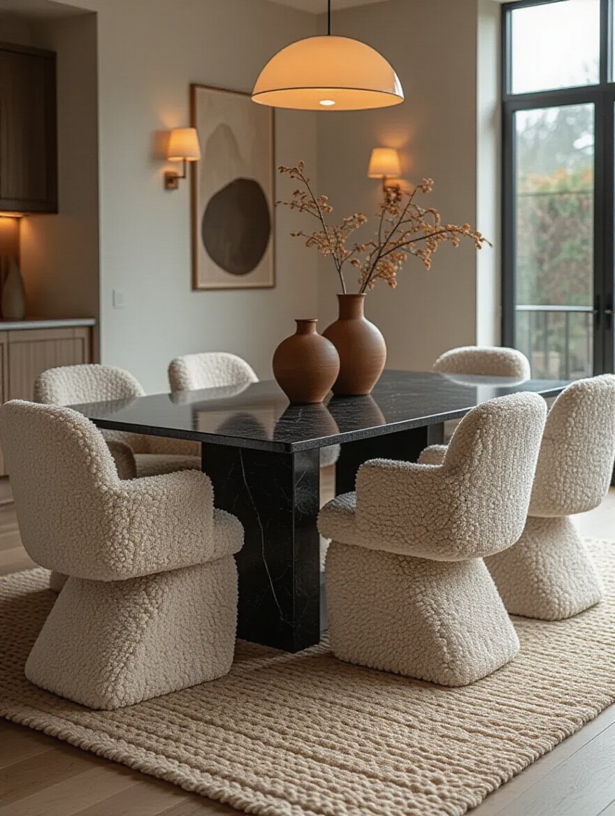 Modern dining room with polished black granite table, textured boucle chairs, wool rug, and ceramic vase centerpiece showcasing mixed textures