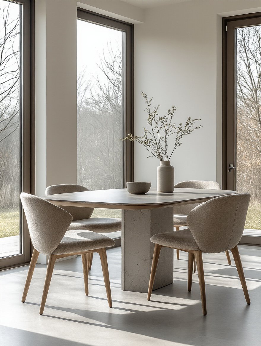 Modern dining room with durable sintered stone dining table and minimalist design, no people