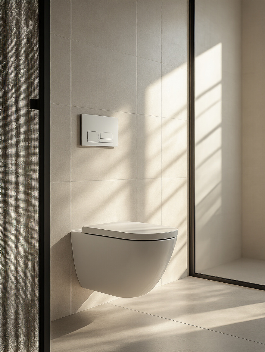 Modern bathroom featuring a wall-mounted toilet with minimalist design and concealed tank.