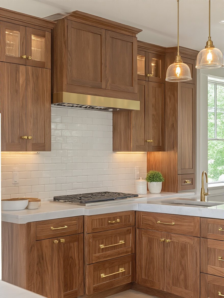 Portrait image of a kitchen with warm walnut cabinets, white quartz countertops, and brass hardware showcasing natural wood grain and warm lighting