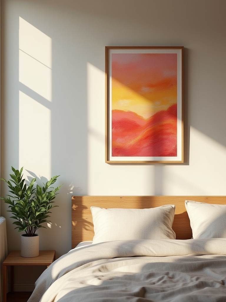 Cozy bedroom corner featuring original local artist painting on neutral wall with soft natural lighting