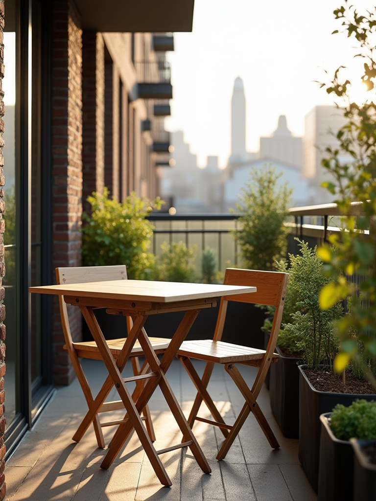 Portrait shot of a compact balcony featuring a wall-mounted foldable table, two foldable chairs, planters, and soft natural light.
