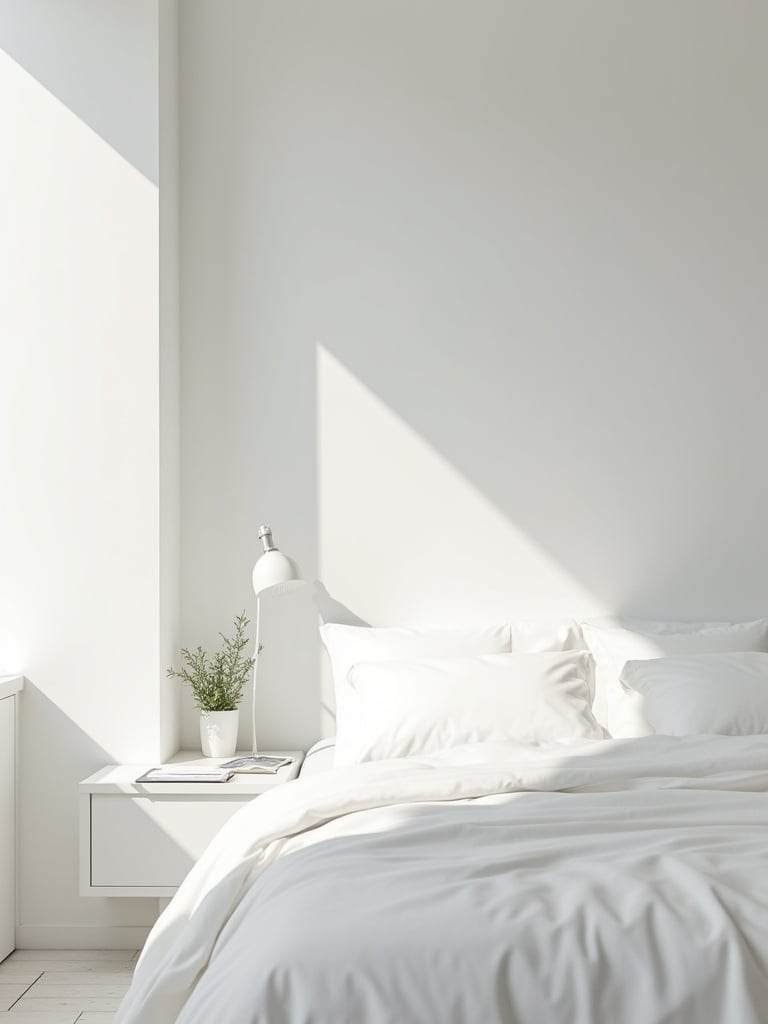 Minimalist white bedroom with neat bed, three essential items on nightstand, soft natural light, and hidden storage for a calm and uncluttered retreat