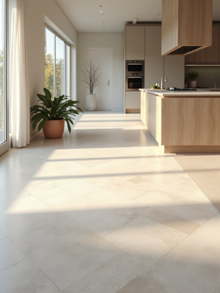 Portrait view of a modern kitchen floor showing a smart tile layout pattern that maximizes space