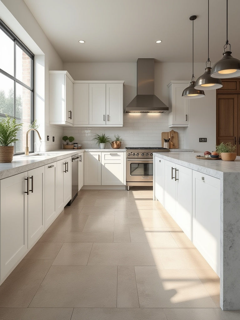 Portrait view of a modern kitchen floor showing grout color integration with tile undertones