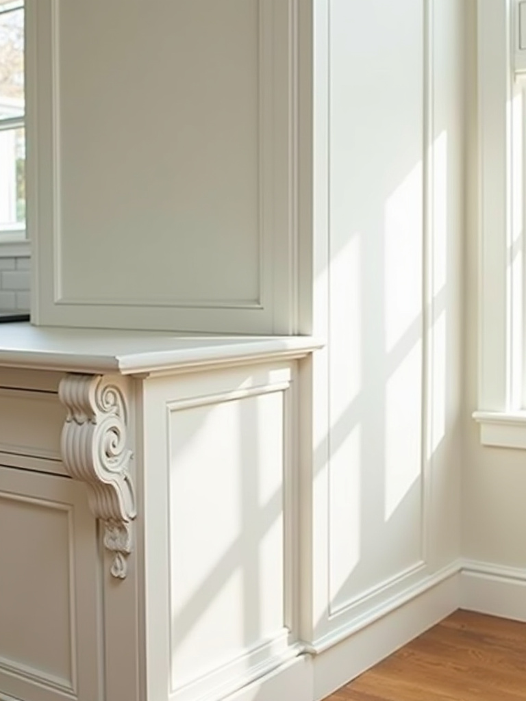 White farmhouse kitchen cabinet with detailed crown moulding, a carved corbel, and a decorative furniture-style toe kick base, bathed in natural light, showcasing custom design.