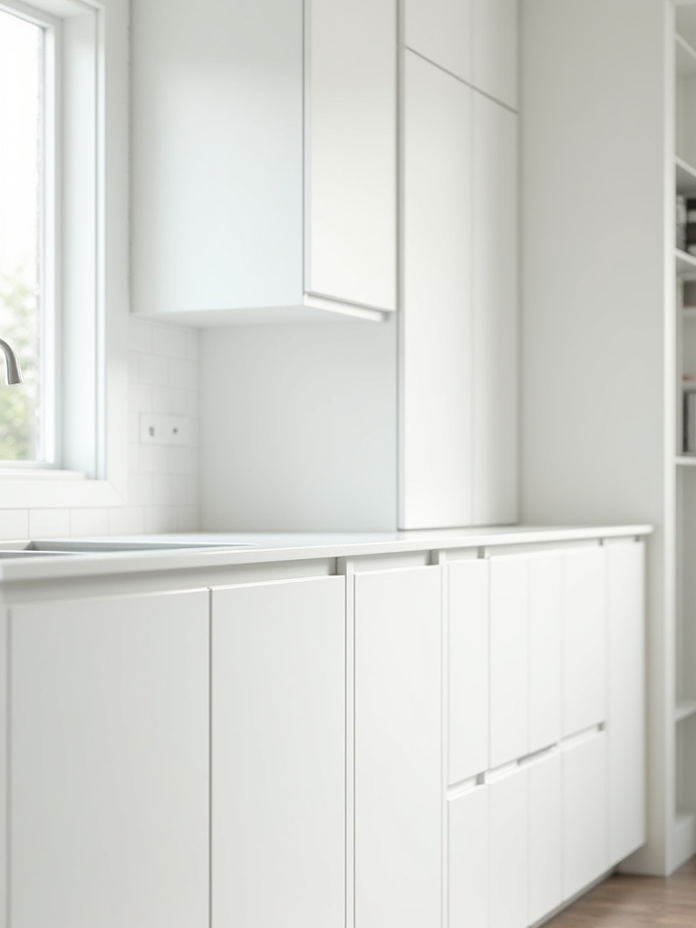 Portrait view of a modern white kitchen cabinet with a durable catalyzed lacquer finish, glossy and seamless.