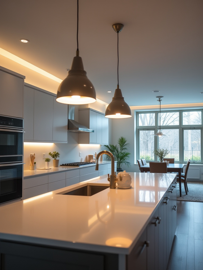 Modern kitchen featuring layered illumination, with recessed lights, under-cabinet task lighting, and decorative pendant lights over an island.