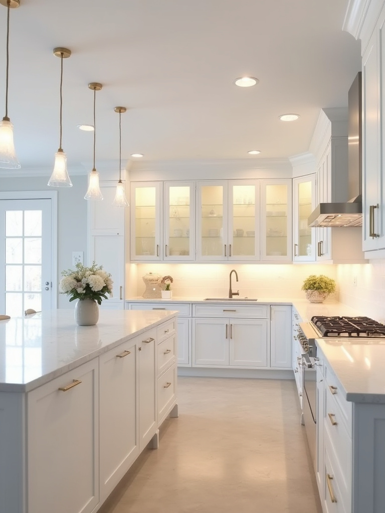 White kitchen with layered lighting, island pendant, and cabinet LEDs