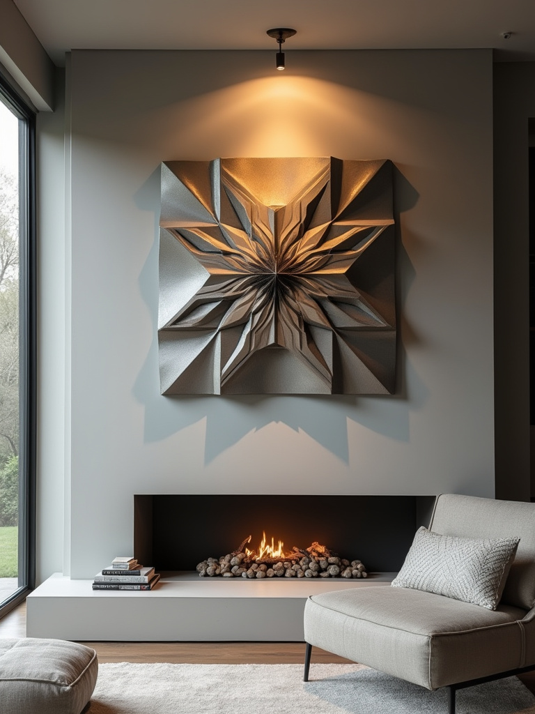 A striking geometric three-dimensional metal wall sculpture in a modern living room, positioned above a minimalist fireplace, enhancing the room's depth and visual appeal.