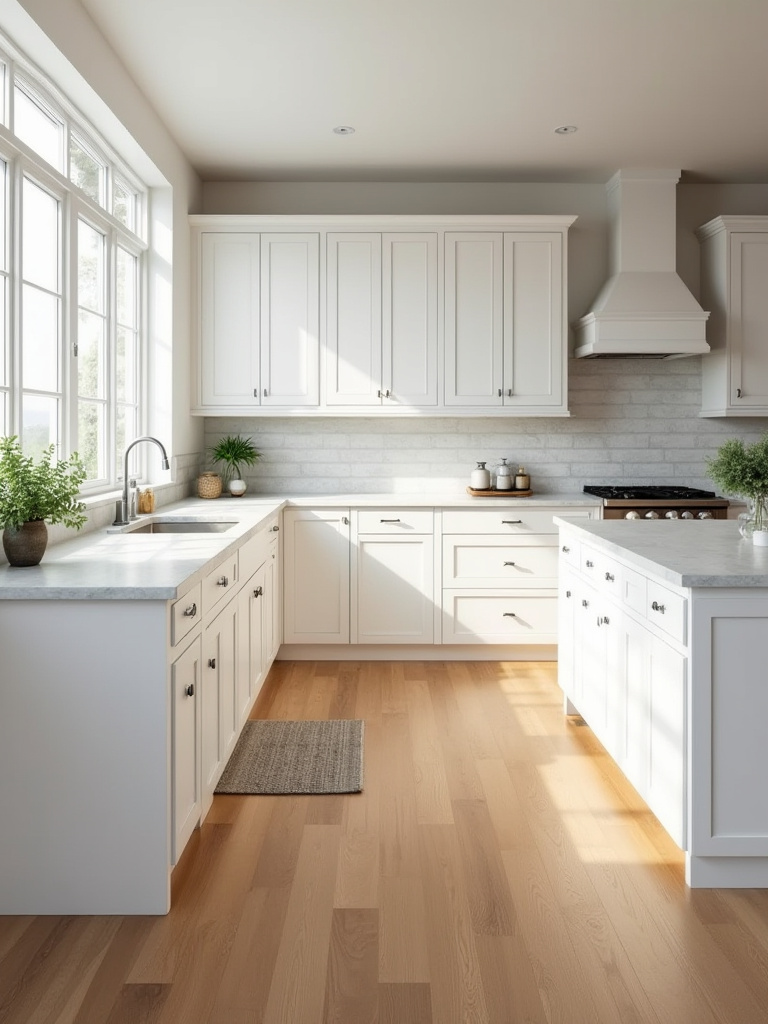 Warm wood flooring balancing a bright white kitchen.