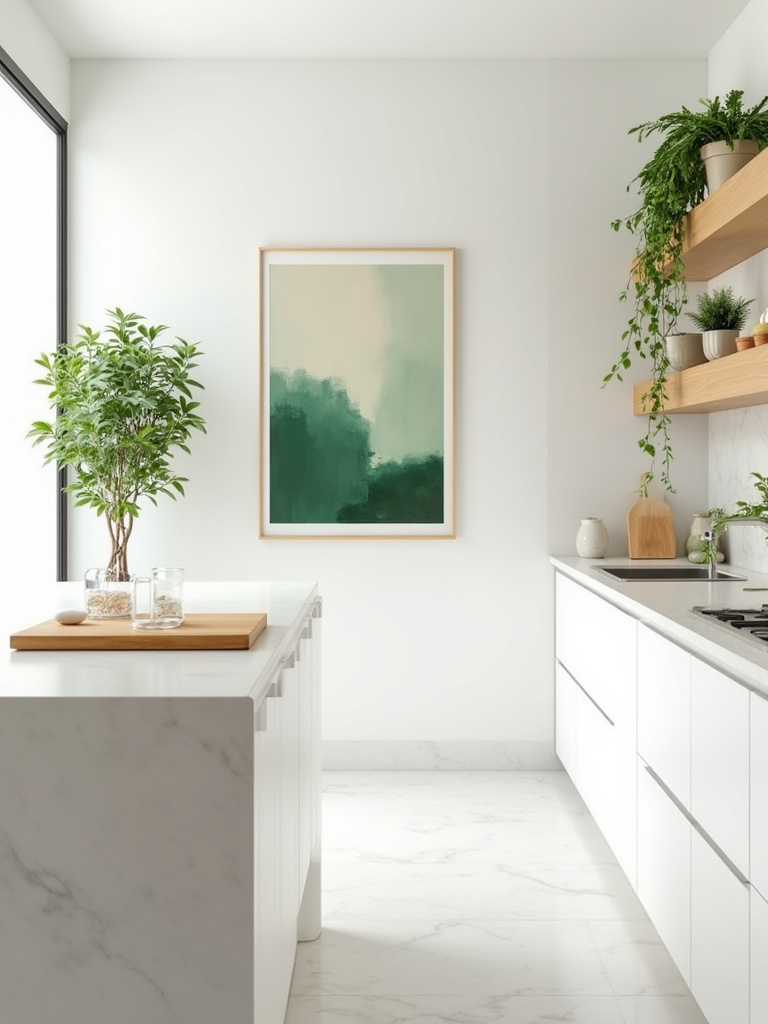 Portrait of a white kitchen with greenery and art