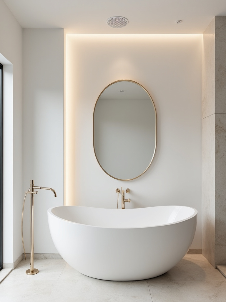 Modern bathroom with a freestanding tub, soft ambient lighting, and subtly integrated high-quality ceiling sound system for relaxation.