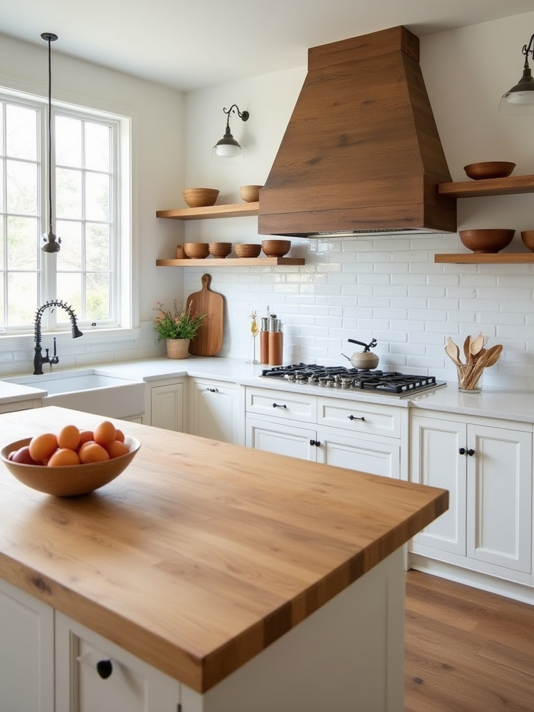 White kitchen with natural wood accents portrait
