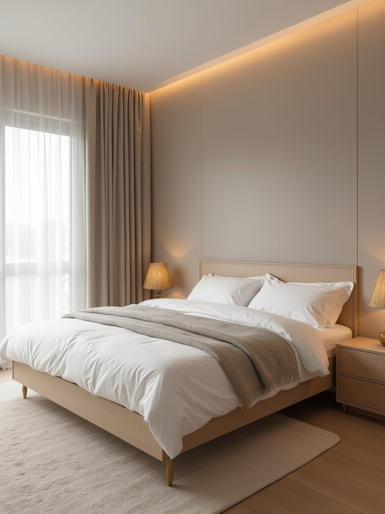 Portrait shot of a serene, clutter-free modern bedroom with zen-inspired decor