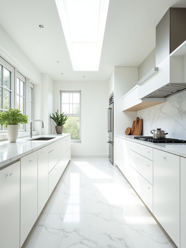 Bright white kitchen with strategic windows and reflective surfaces maximizing natural light
