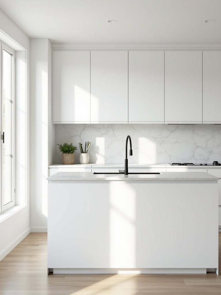 Portrait of a bright white kitchen with durable quartz countertops, porcelain backsplash, and enamel cabinetry.