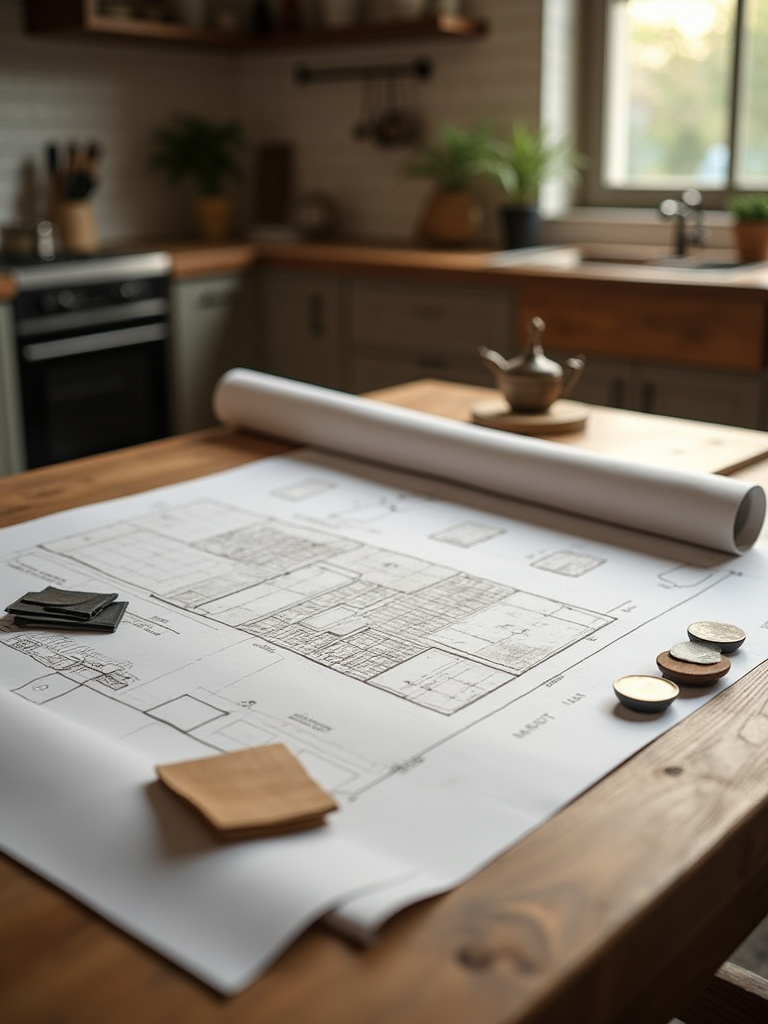 Detailed flat lay of farmhouse kitchen lighting plans, including small samples of different fixture types like a pendant and a recessed light, alongside design sketches, hinting at budgeting for various lighting zones and professional installation.