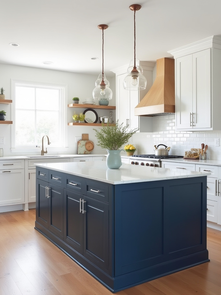 White kitchen portrait with navy color pop island and warm lighting