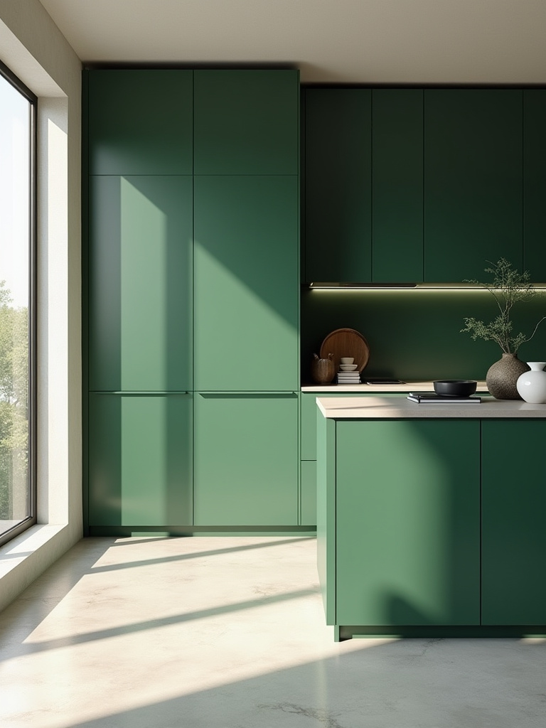 Modern green kitchen featuring deep forest green modular cabinets, neutral quartz countertop, large window, and minimalist adaptable decorative elements, showcasing future-forward design.