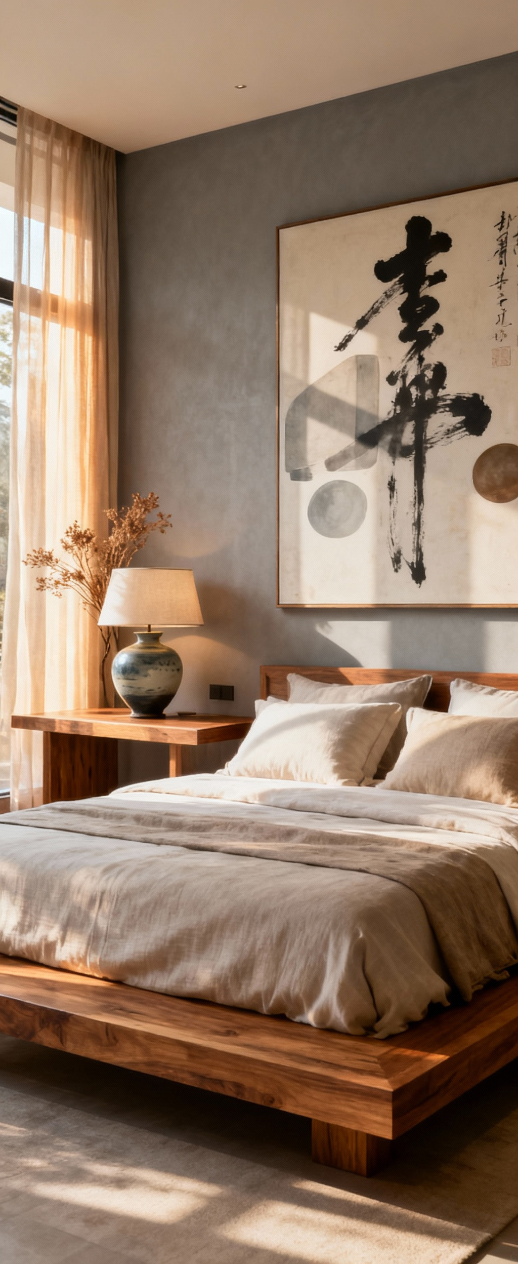 A beautifully designed Modern Asian-European fusion bedroom for couples, featuring natural teak, minimalist furniture, and unique art that articulates shared values.