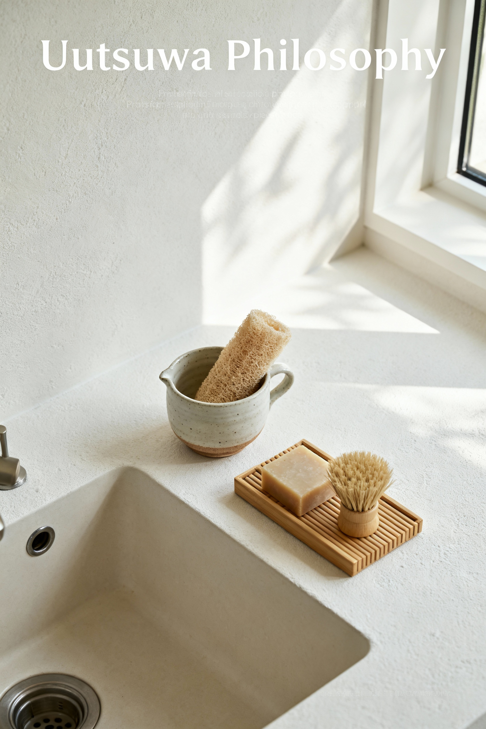 Minimalist kitchen sink with ceramic sponge holder, bamboo tray, and natural dish brush, demonstrating Japanese Utsuwa philosophy.