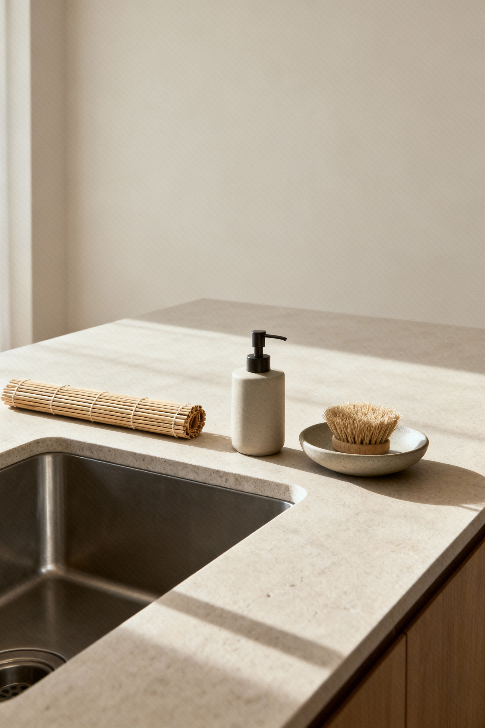 A perfectly minimalist kitchen sink area with a rolled bamboo drying mat, a ceramic soap dispenser, and a natural fiber brush on a stone dish, illustrating Dan-Sha-Ri's principles of decluttering and creating spaciousness.