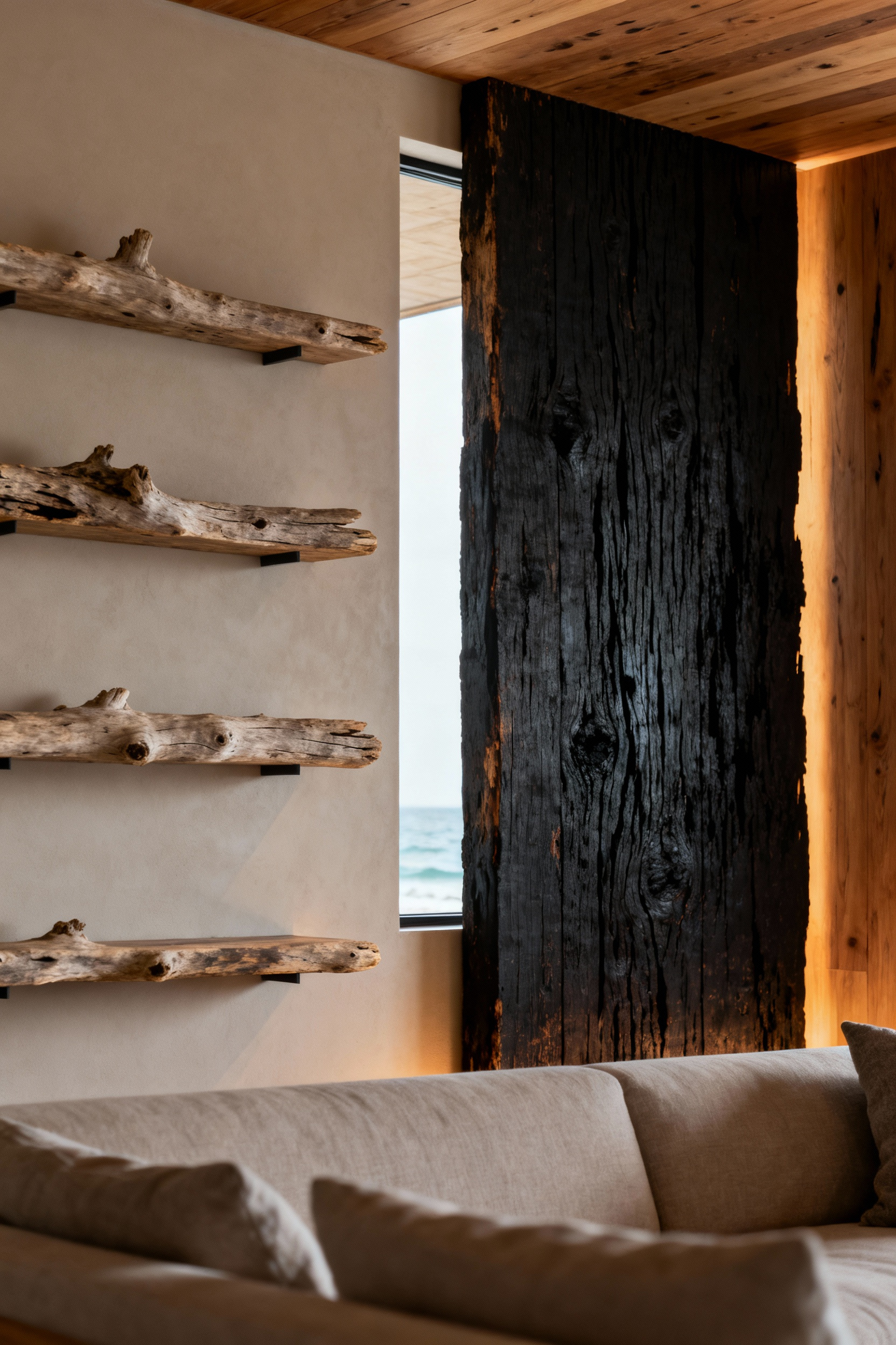 Coastal living room with Wabi-sabi design, featuring naturally aged driftwood shelves and a dark Shou Sugi Ban charred wood accent wall. Textured natural materials, soft lighting, and minimalist decor.
