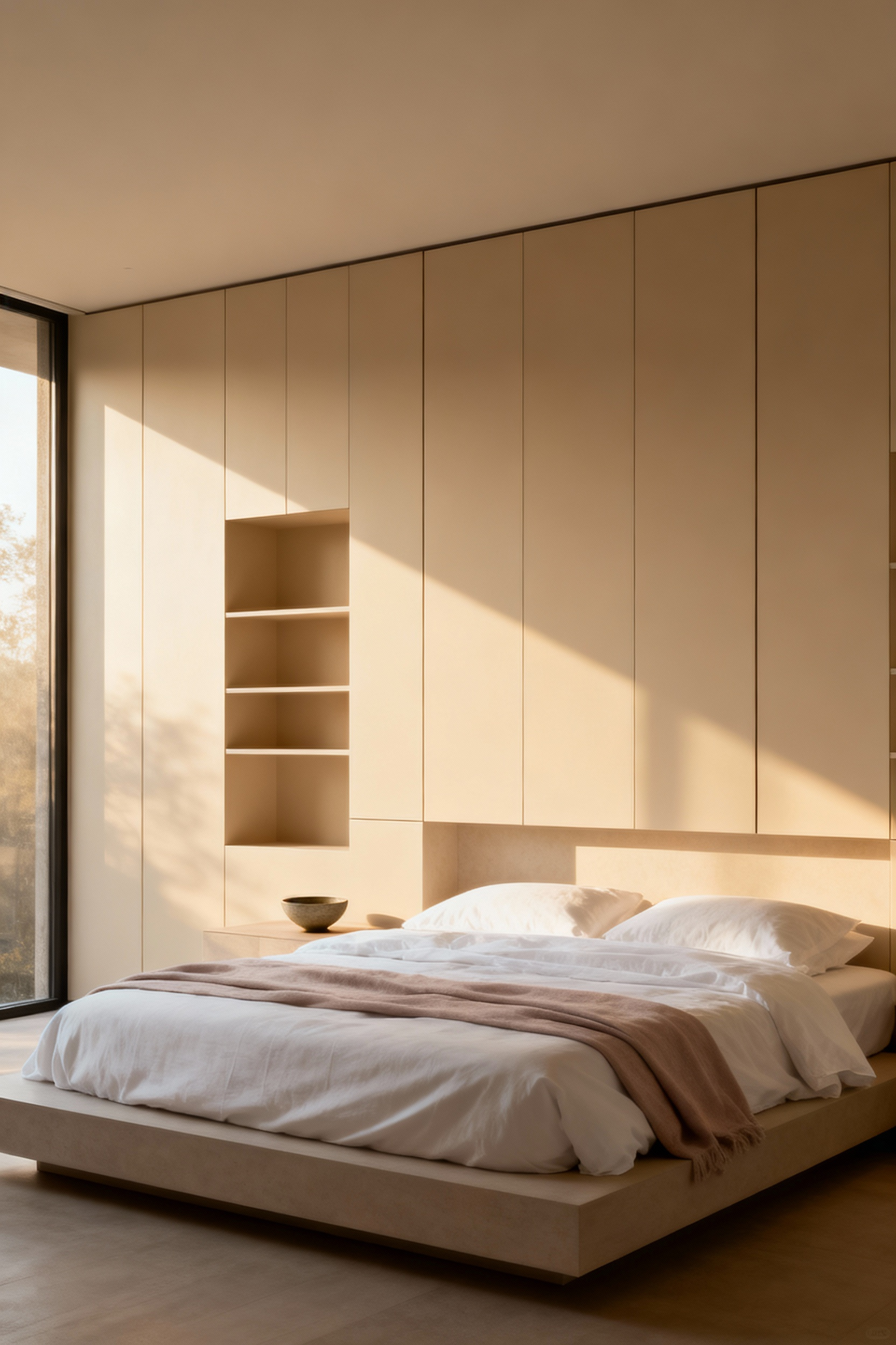 Minimalist bedroom showcasing extensive concealed, handleless floor-to-ceiling storage units in a pale cream palette, designed for total clutter removal and psychological calm.