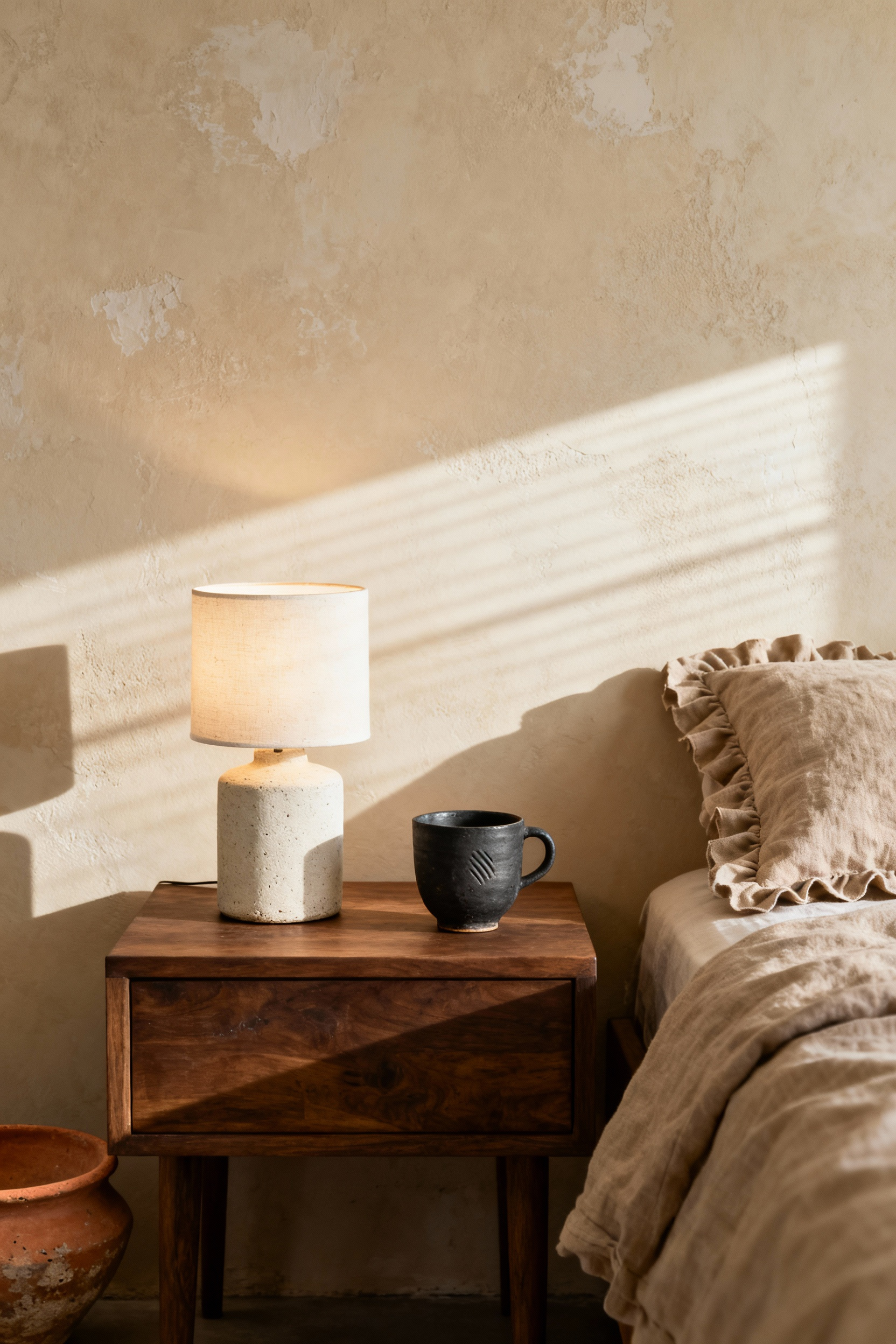 Hand-thrown, irregular ceramic pottery vessels on a wooden nightstand beside rumpled linen bedding in a minimalist, wabi-sabi inspired bedroom.