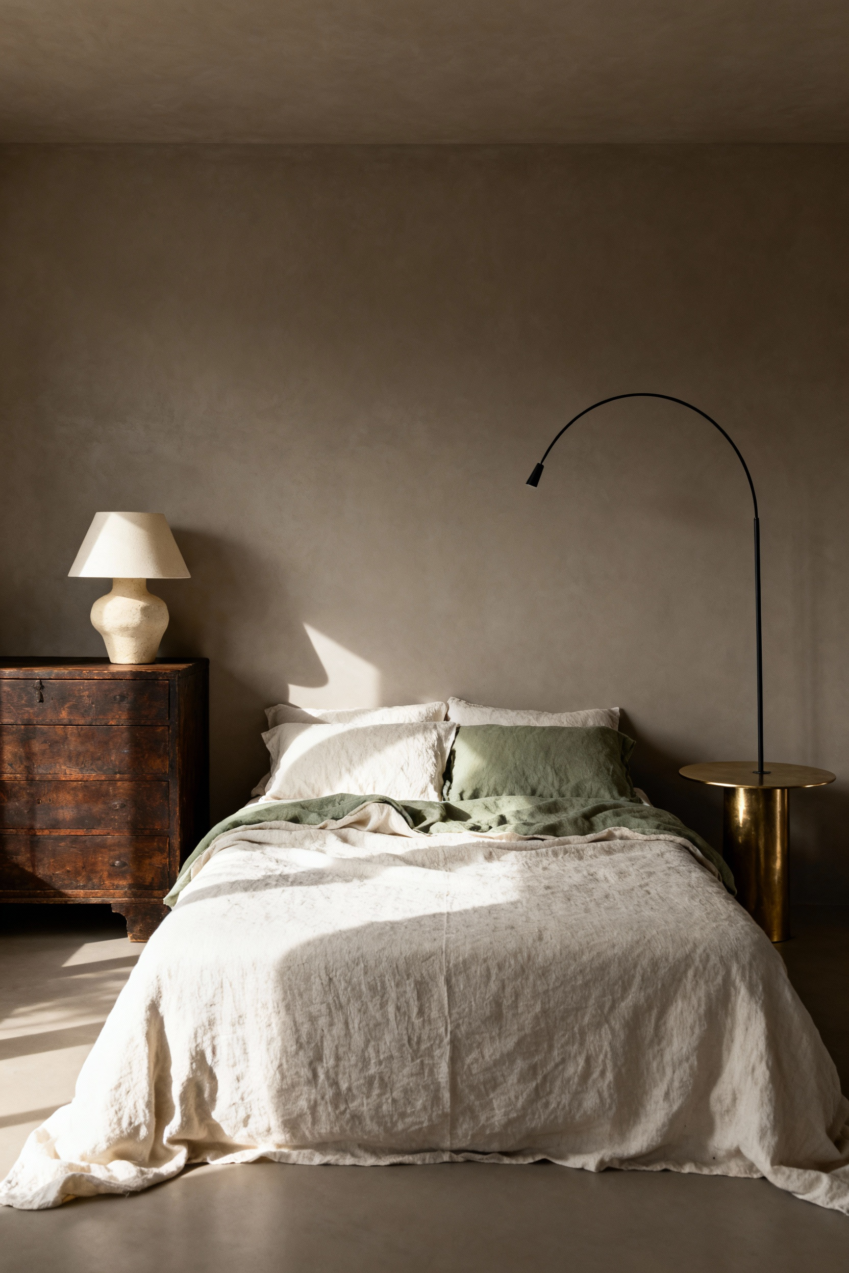 Bedroom interior showcasing asymmetrical design balance with contrasting nightstands and lamps, emphasizing dynamic, lived-in comfort over sterile matching sets.