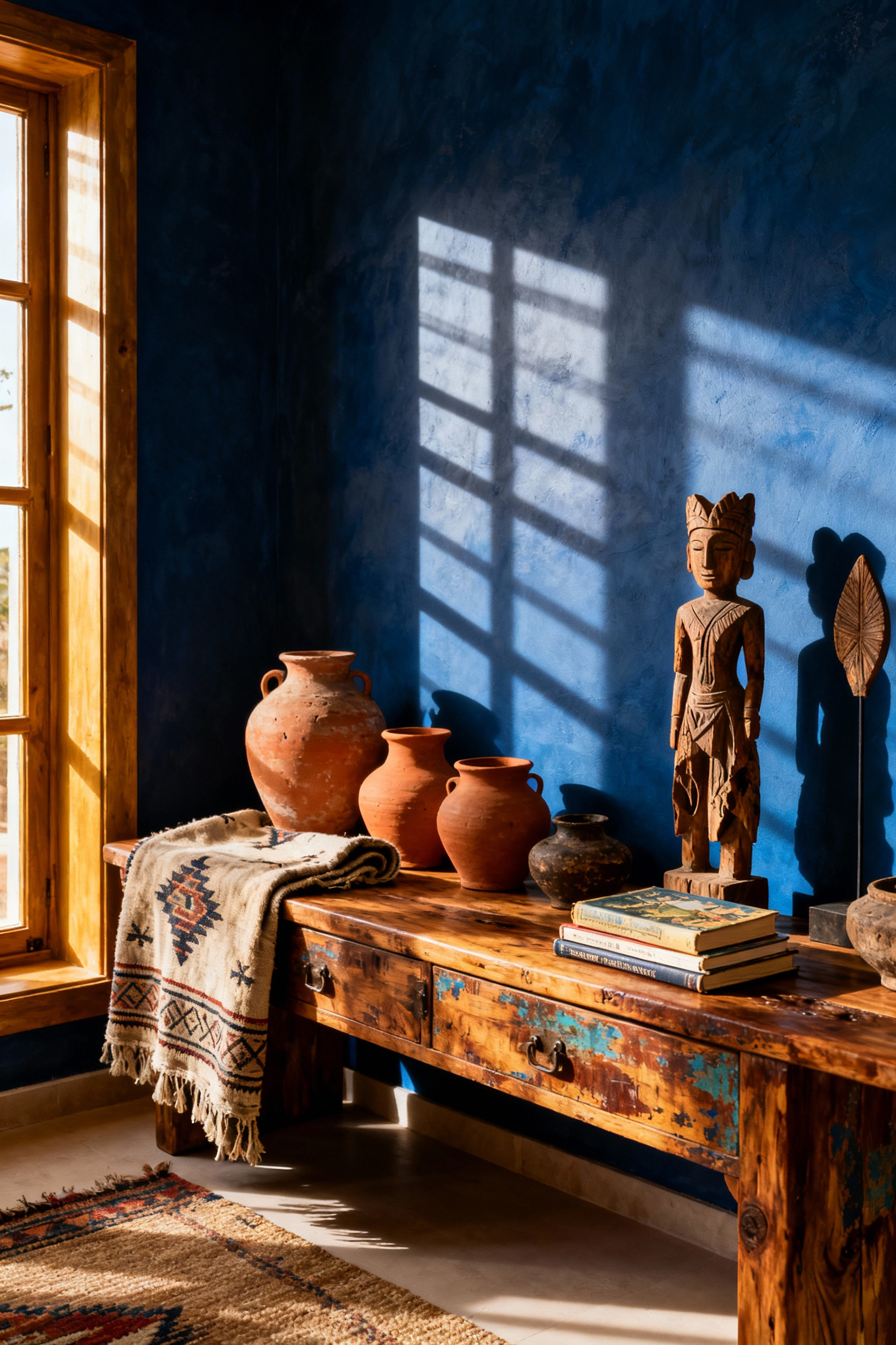 A warm, sunlit boho living room vignette featuring a collection of globally sourced and handcrafted artifacts on a wooden console table, emphasizing unique history and artistic irregularity over mass-produced decor.