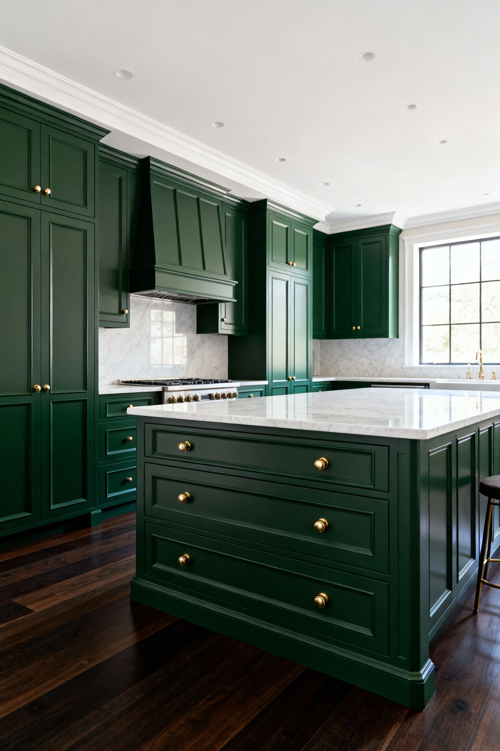 A luxurious bespoke kitchen featuring elegant deep green in-frame cabinetry with satin brass hardware and bright quartzite countertops, illustrating high-precision woodworking.