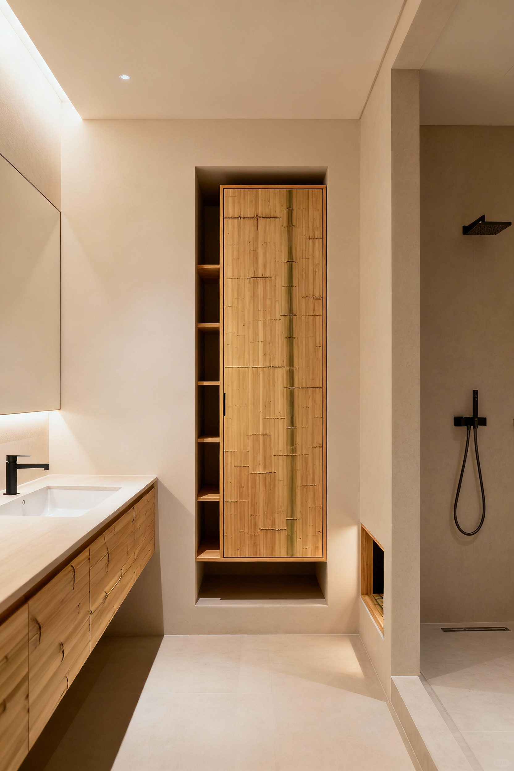 Zen-inspired bathroom featuring a seamless, bi-directional access storage cabinet crafted from natural wood, integrated between a minimalist vanity and a shower alcove, demonstrating intuitive reach and uncluttered harmony.