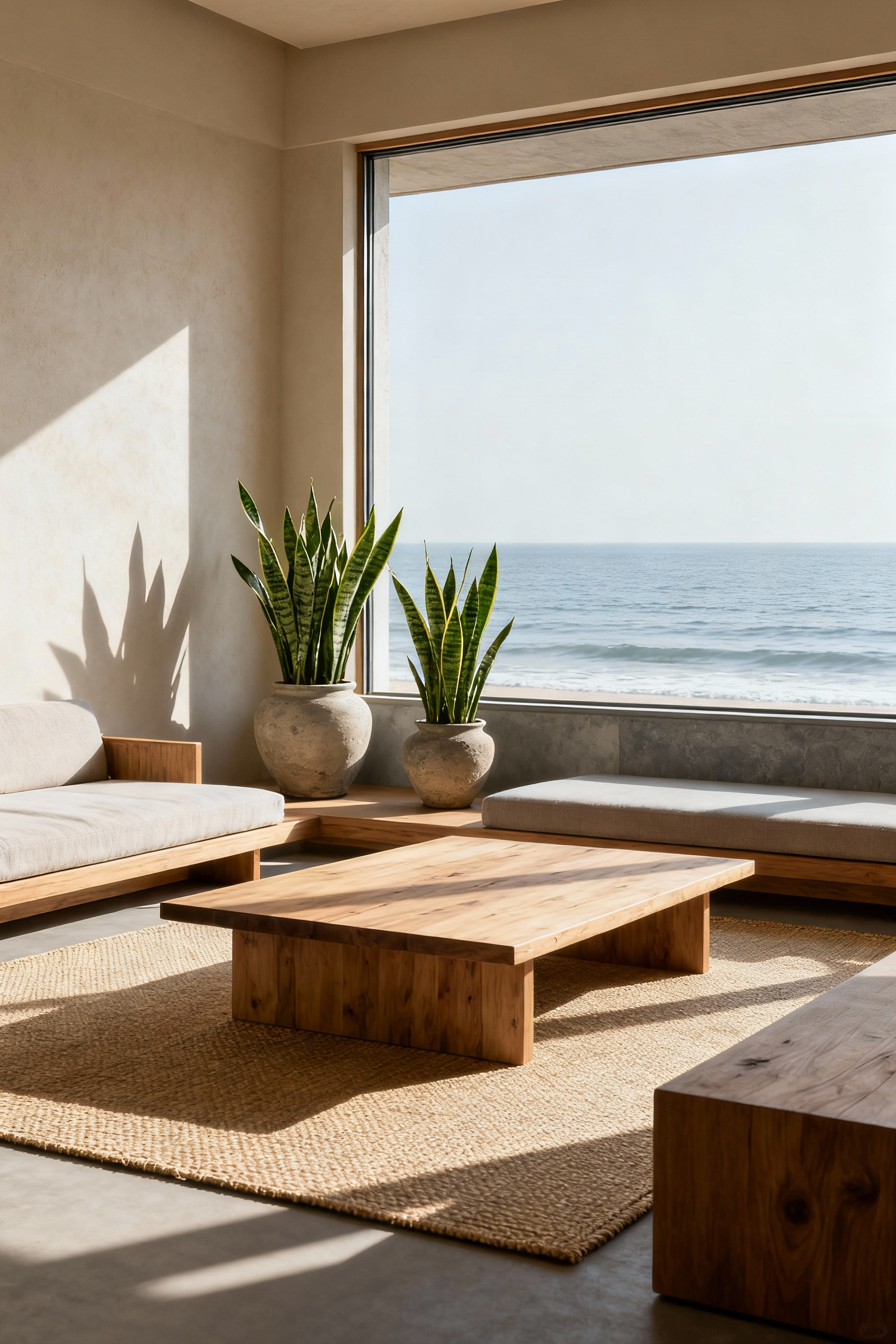 A minimalist coastal living room designed with Japanese aesthetics, featuring strategically placed tall green plants in unglazed ceramic pots next to a large window overlooking the ocean. Natural light filters in, highlighting the natural wood furniture and tranquil atmosphere. The scene embodies biophilic design for air purification and vitality.
