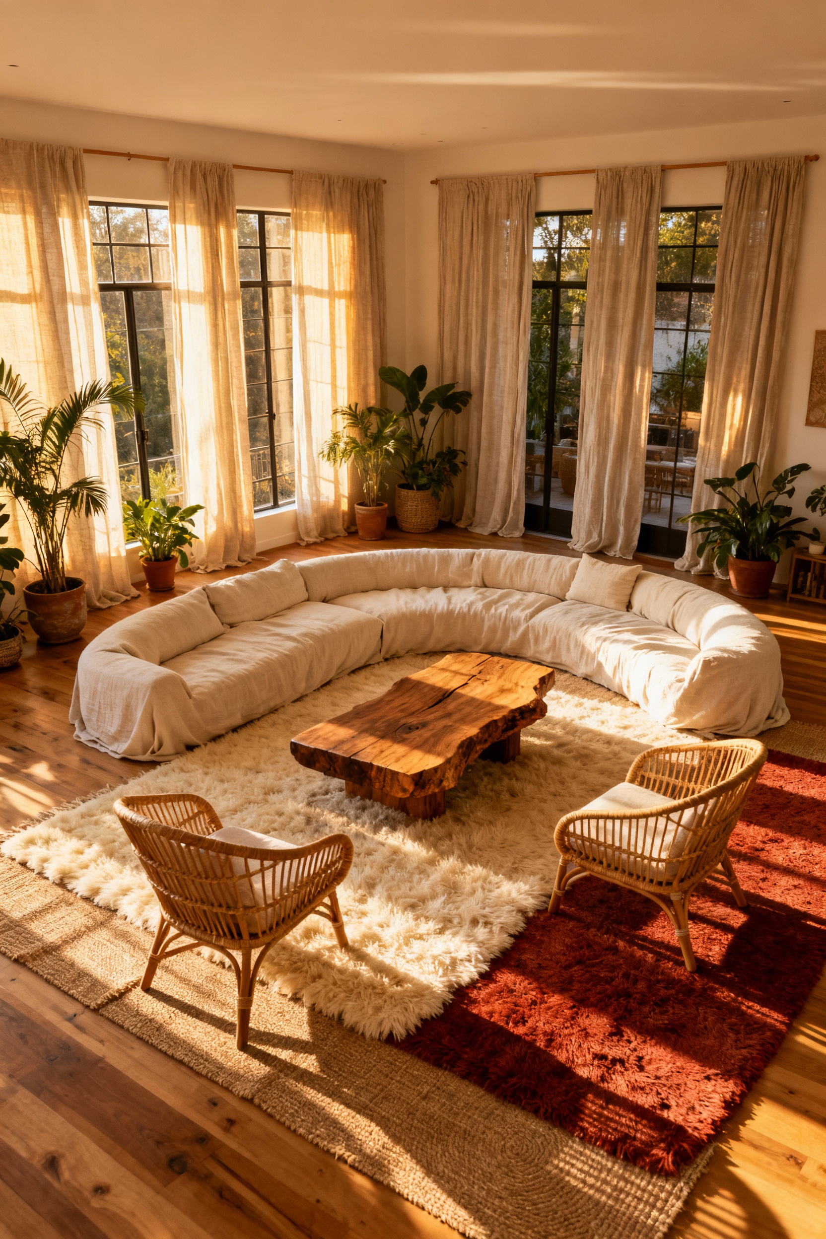 A photograph showcasing a spacious, low-profile boho living room layout with a cream sectional sofa and rattan chairs arranged in a circular conversation zone around a solid wood coffee table, maximizing flow and sightlines.