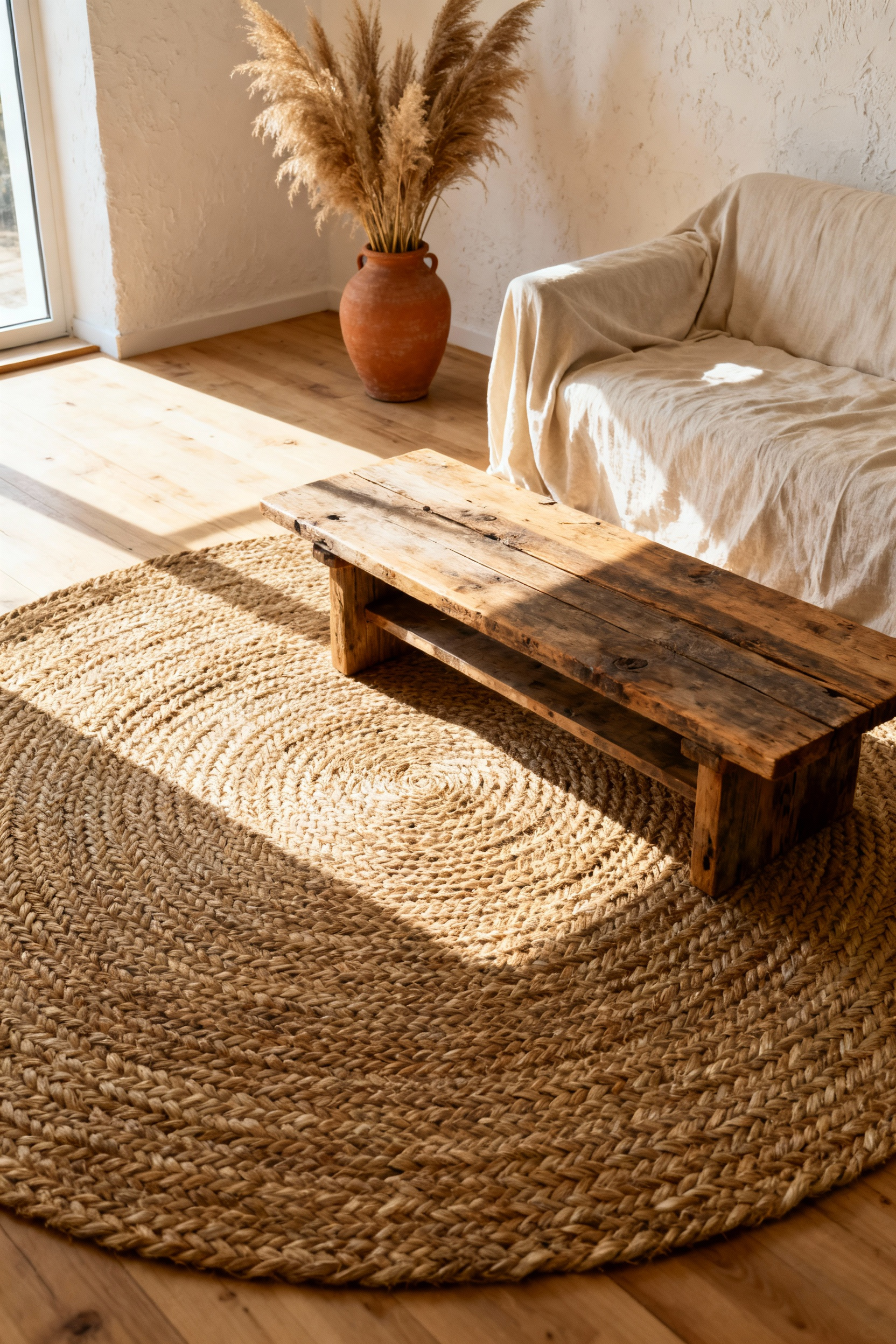 A sunlit boho living room corner featuring a large, textured braided jute rug anchoring the space, alongside a cream armchair and wooden coffee table.