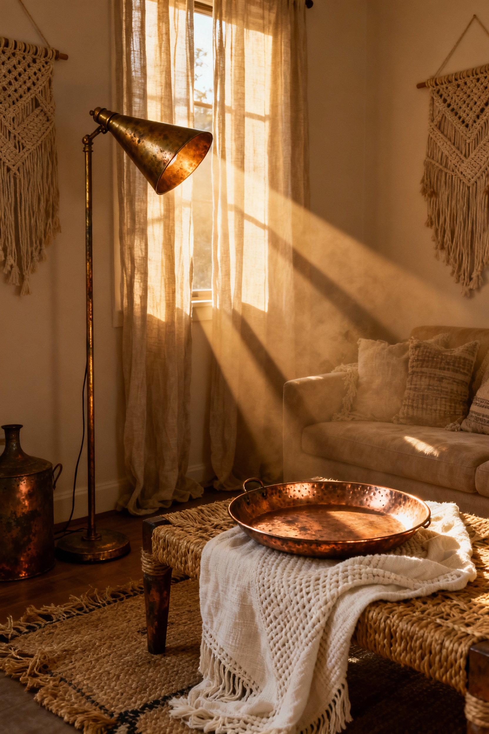 A boho living room featuring an aged brass floor lamp and a large hammered copper tray, capturing the rich amber glow of the golden hour light.