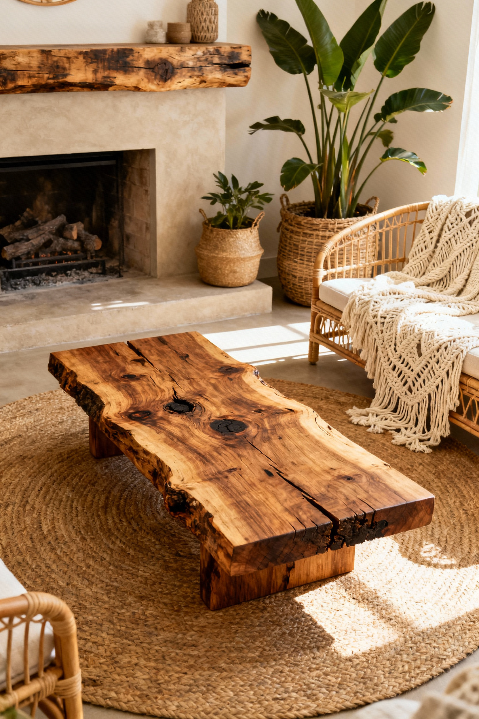A sunlit bohemian living room featuring a massive live-edge coffee table and a thick raw wood mantelpiece, emphasizing natural imperfections like knots and visible grain patterns.