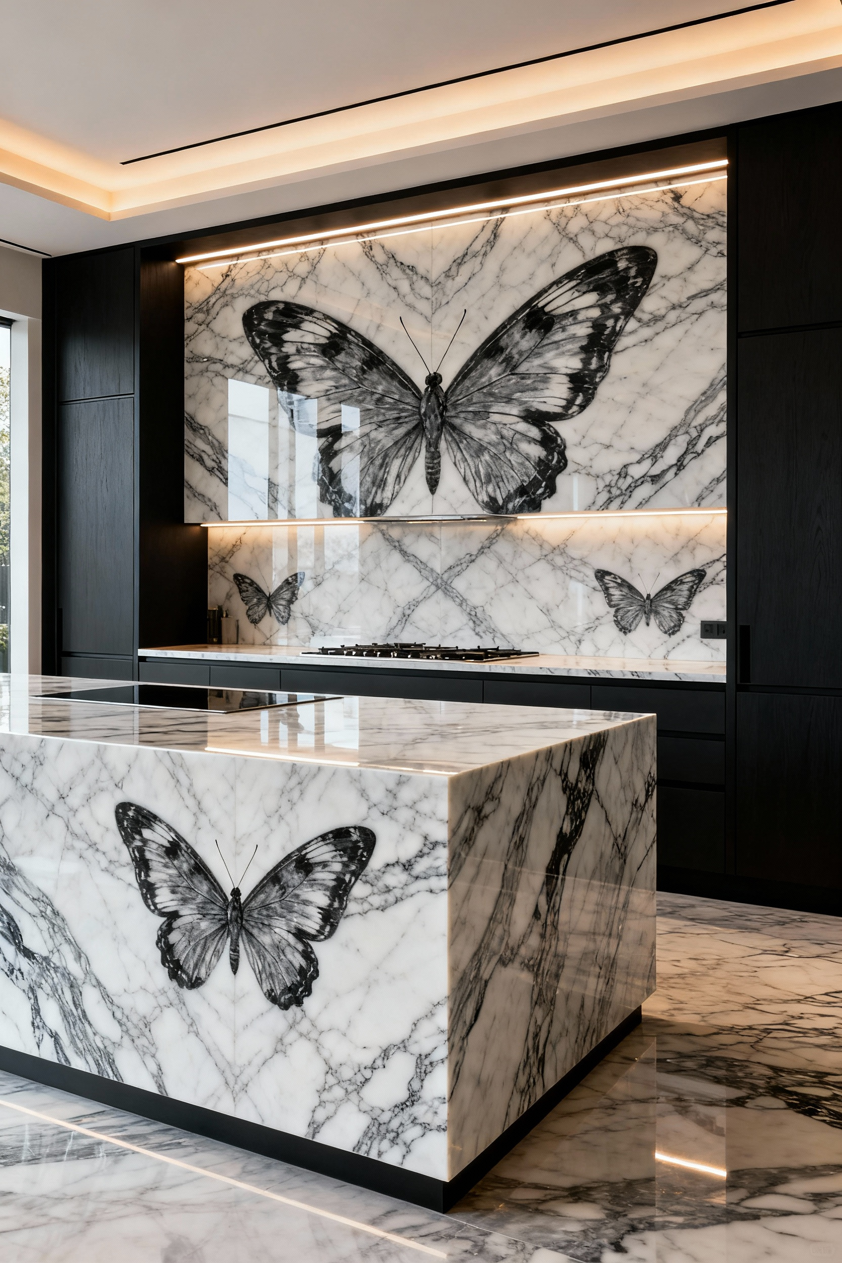 A pristine, modern luxurious kitchen featuring a large waterfall island and full backsplash crafted from perfectly book-matched Statuario marble, showcasing dramatic high-contrast mirrored veining.