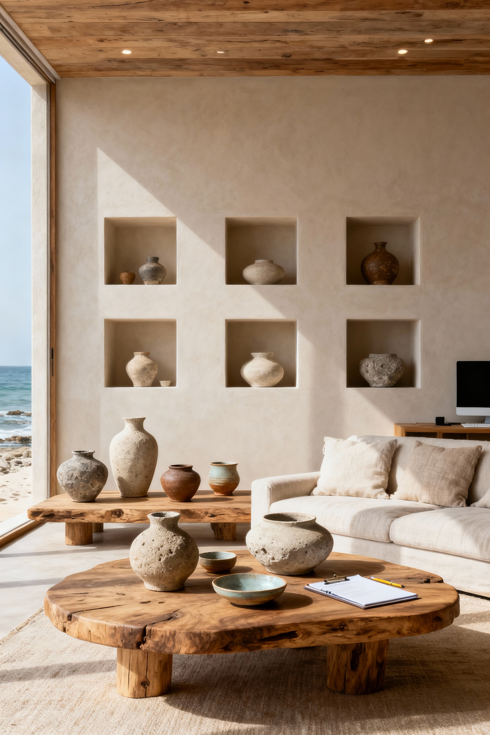 A collection of artisanal ceramic and stoneware vases, bowls, and decorative objects displayed in a sunlit coastal-inspired living room with natural wood elements, showcasing their unique textures and Wabi-sabi aesthetic.