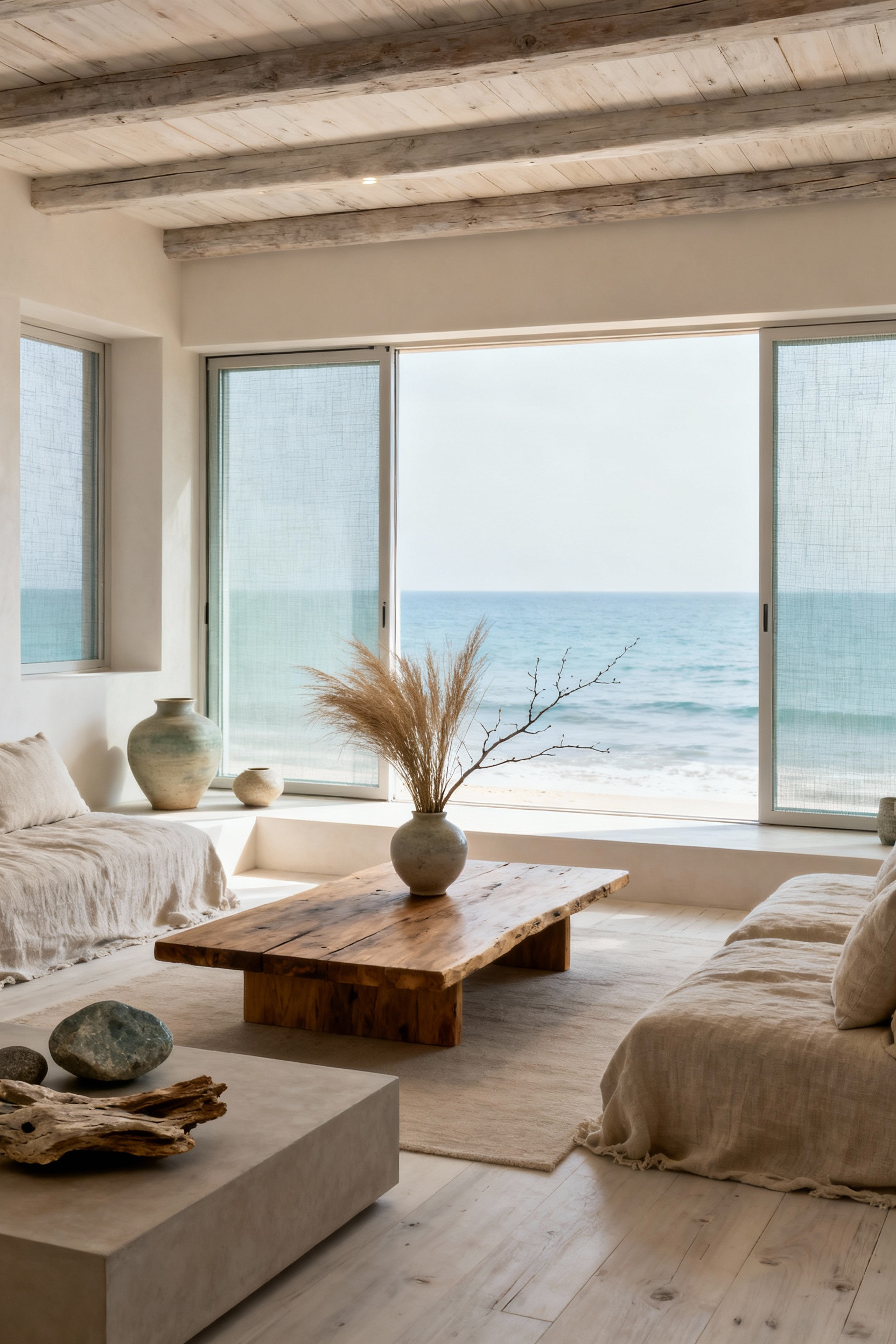 A tranquil coastal living room designed with Japanese aesthetics, featuring large windows with filtered natural light, unfinished wood, linen textiles, and an ikebana arrangement of seasonal coastal flora, emphasizing a connection to nature's rhythms and ephemeral beauty.