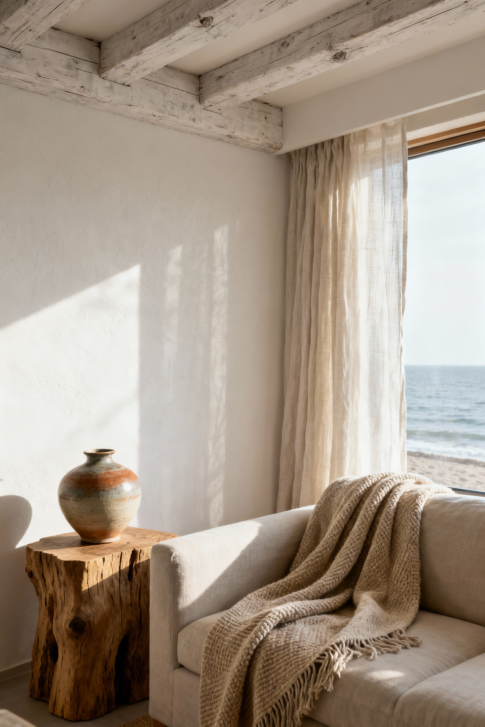 A serene coastal living room corner showcasing rich natural textures: unfinished timber beams, a smooth plastered wall, a handmade ceramic vase on a raw-edge wooden table, and a linen throw over a sofa. Soft, filtered light highlights the tactile qualities of the materials, evoking a Japanese aesthetic.