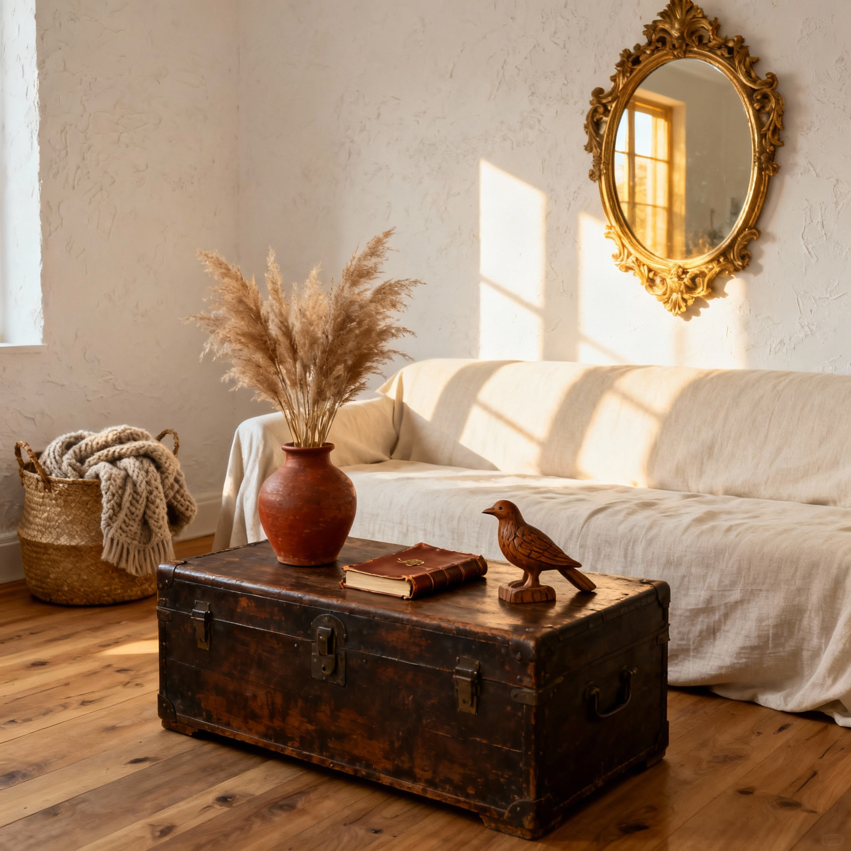 Sunlit bohemian living room featuring a carefully curated selection of vintage and artisanal decor against a neutral cream and white backdrop.