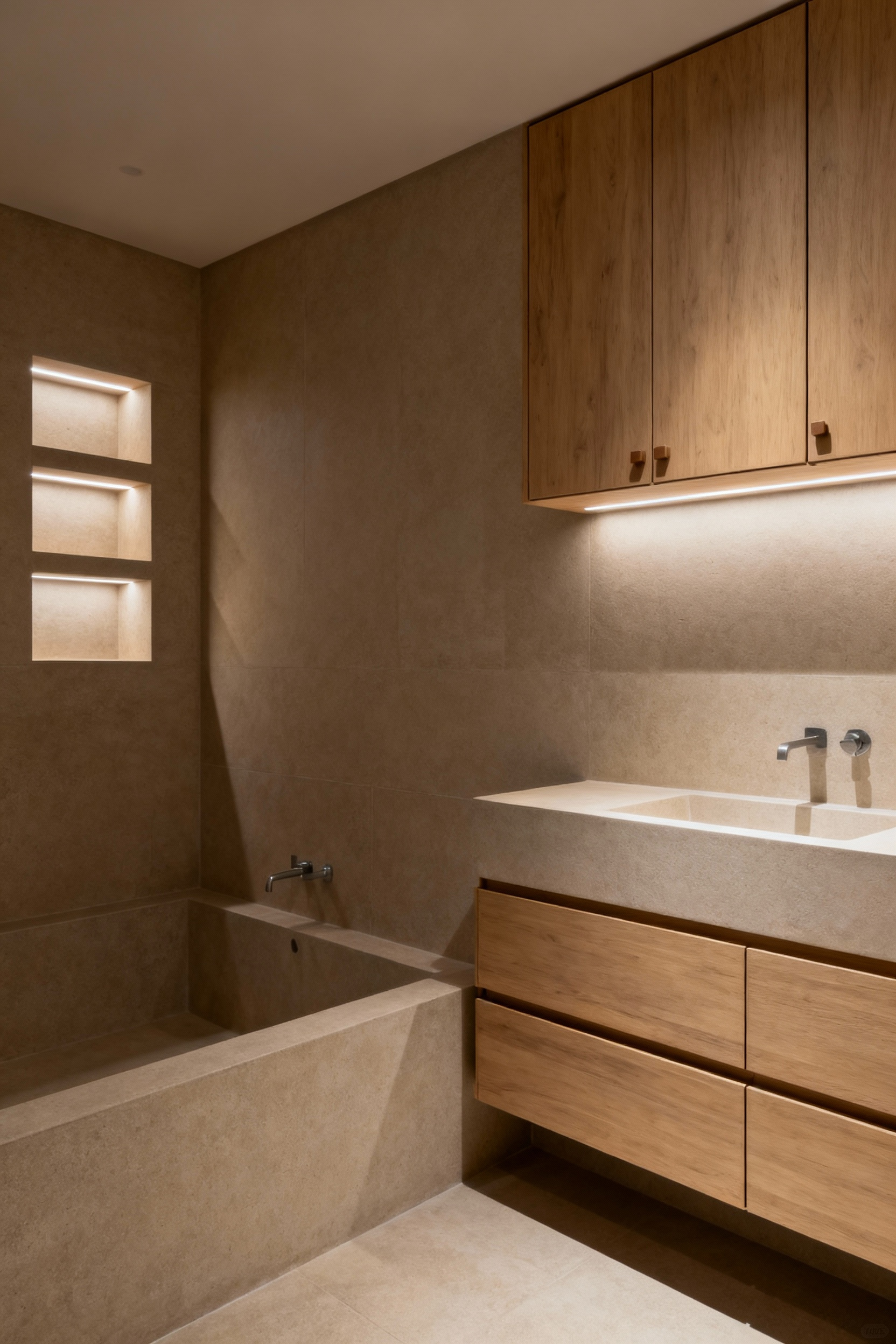 Zen-inspired bathroom featuring custom, flush-mounted built-in cabinetry and recessed niches with subtle lighting, showcasing discreet, integrated storage solutions that create a clutter-free, tranquil space.
